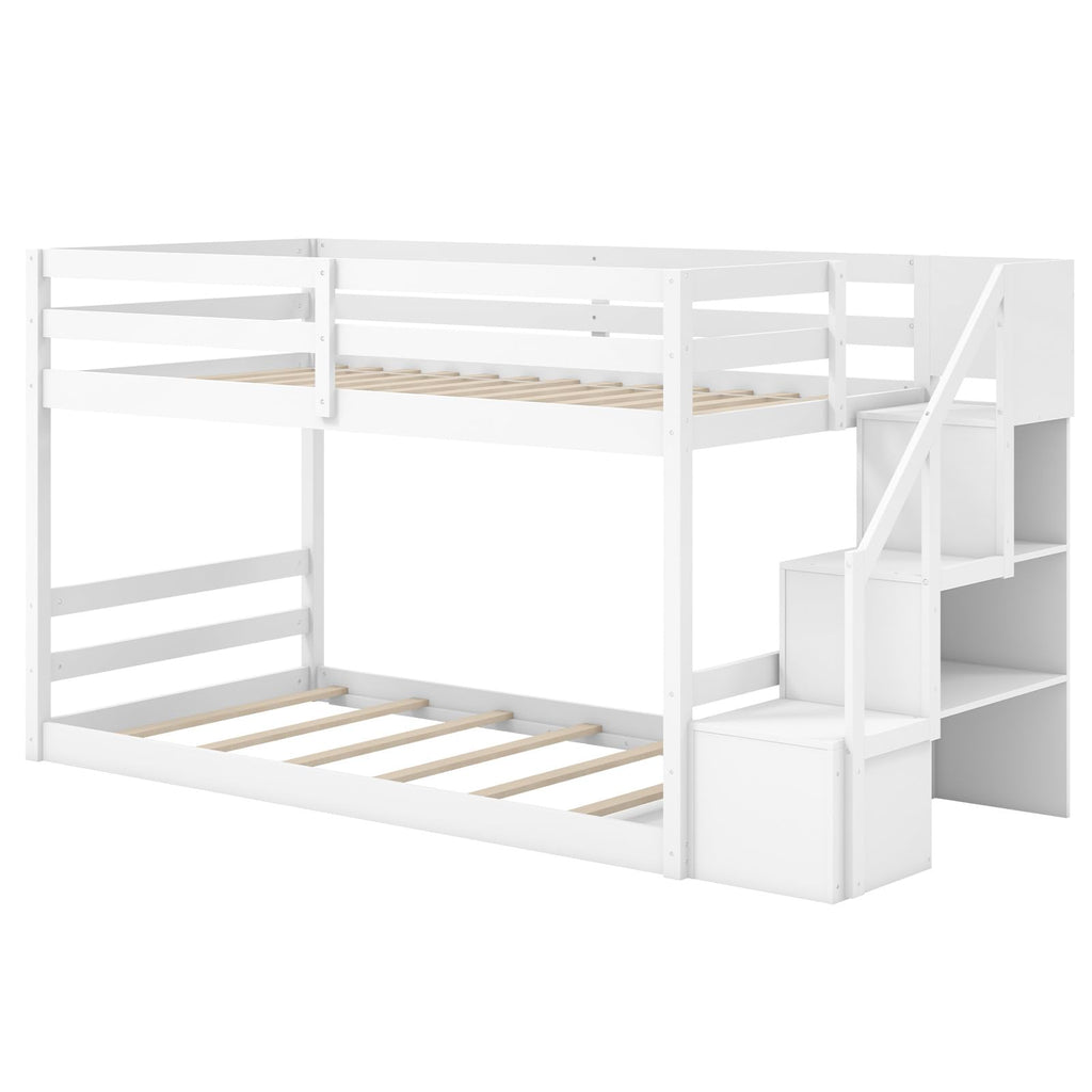White Twin Over Twin Solid Wood Bunk Bed with Stairs O984610