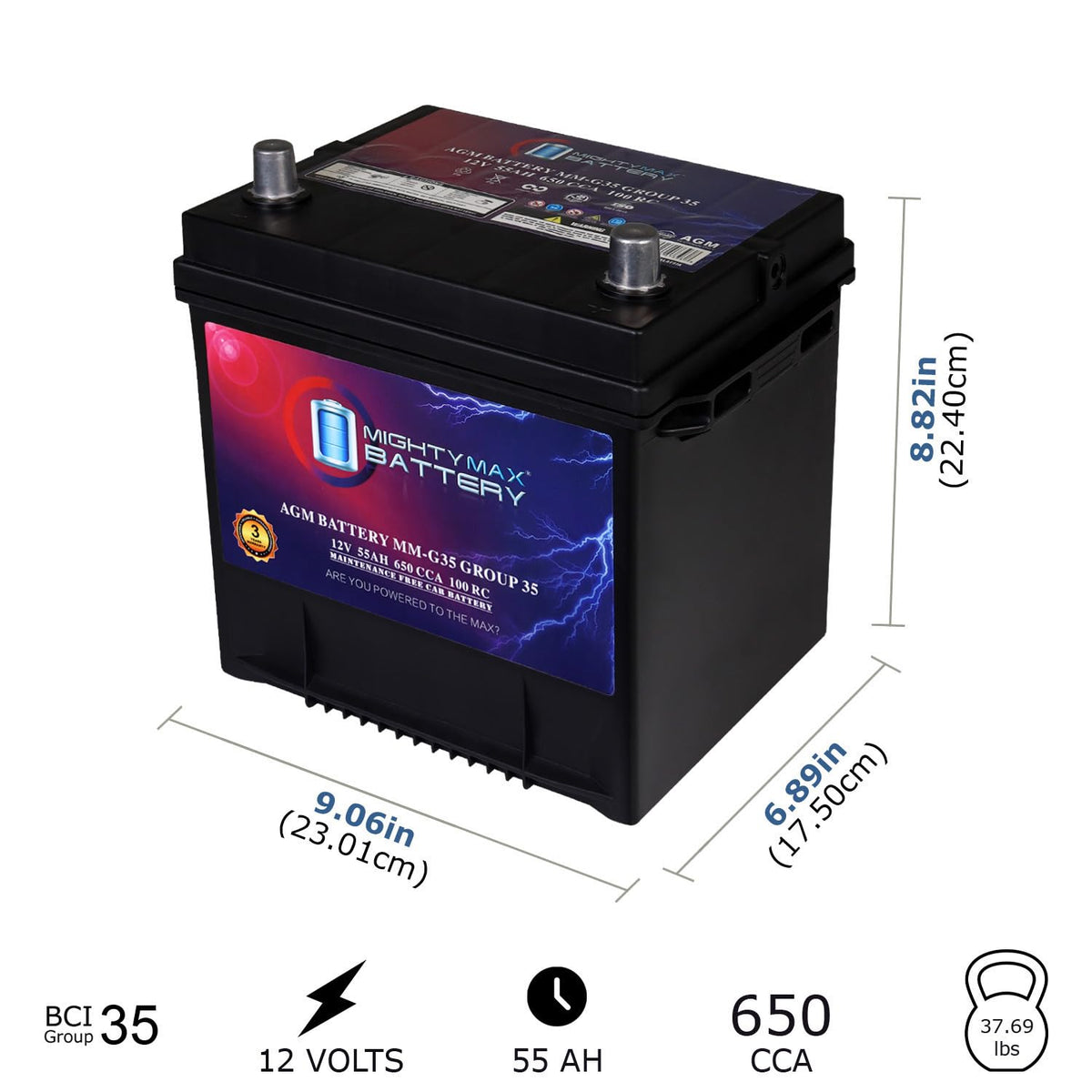 12V 55Ah AGM 650 CCA Group Size 35 Battery Q7348