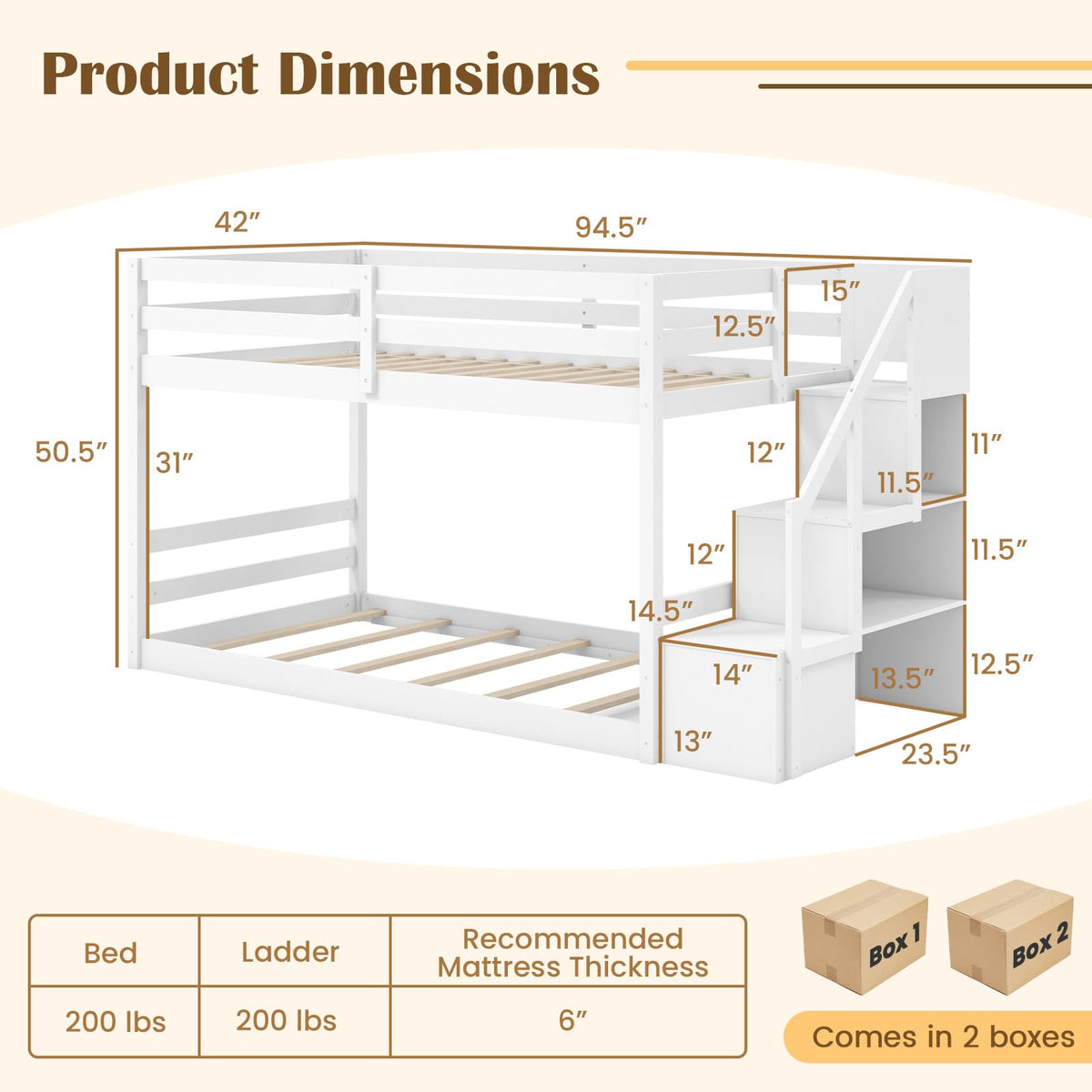 White Twin Over Twin Solid Wood Bunk Bed with Stairs O984610