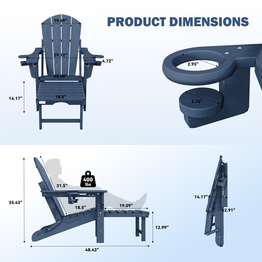 HDPE Folding Adirondack Chairs Set of 2, Navy D819