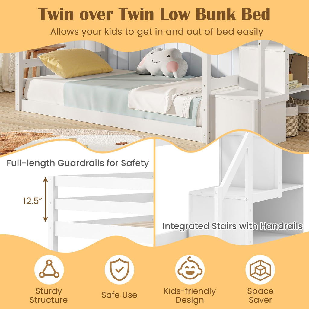 White Twin Over Twin Solid Wood Bunk Bed with Stairs O984610