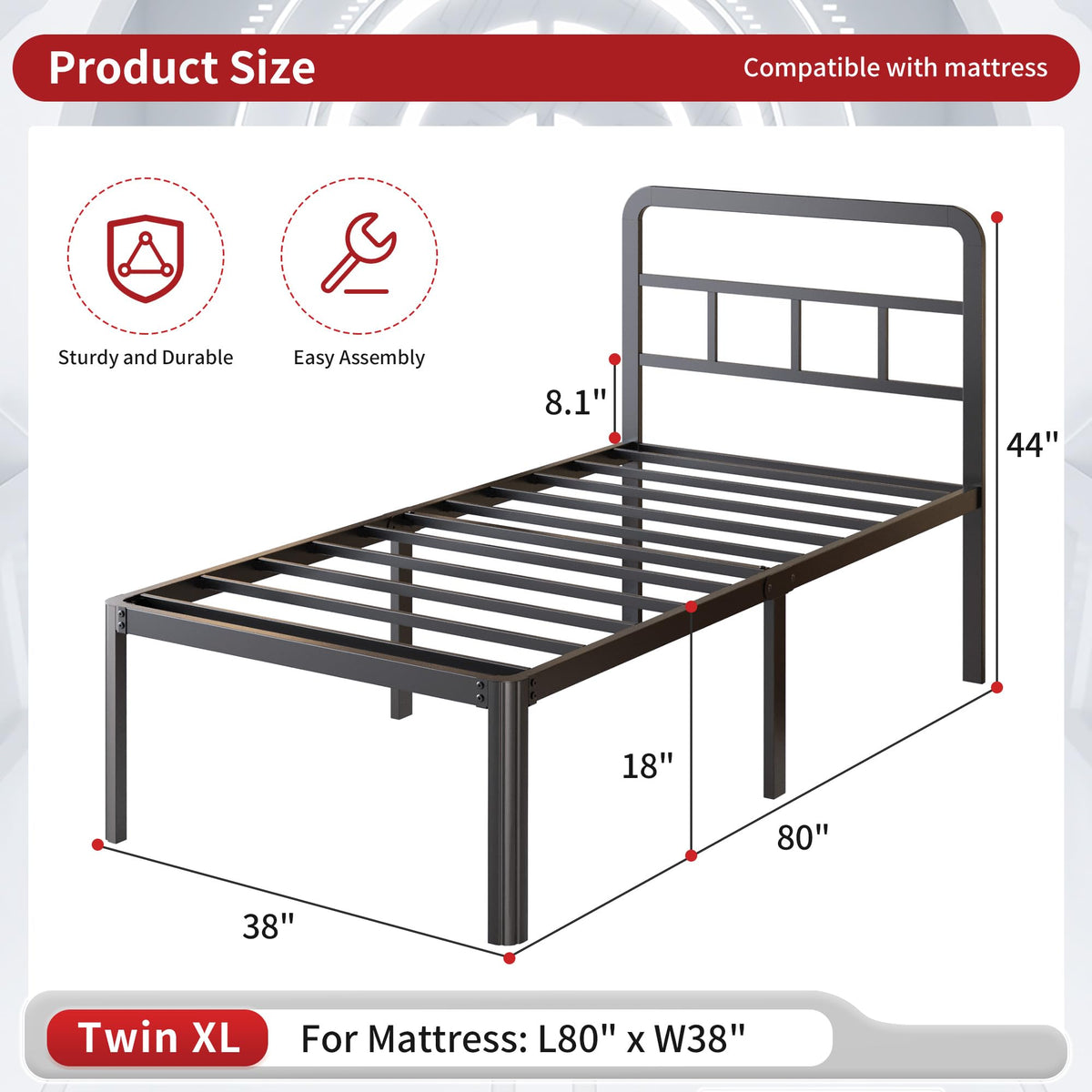 18 Inch Twin XL Black Metal Bed Frame with Headboard E4035
