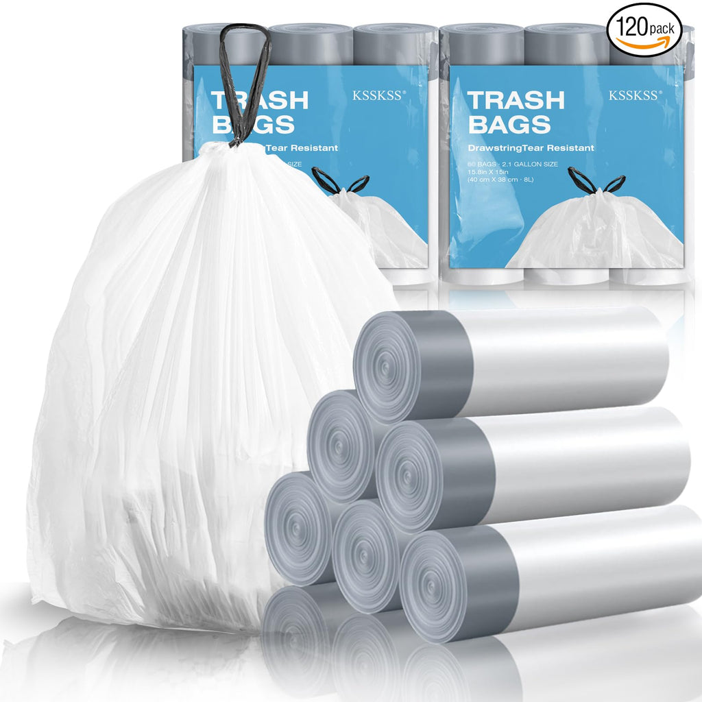 1.6 Gallon Mini Drawstring Trash Bags, 120 Counts White Trash Bin Liners E6747