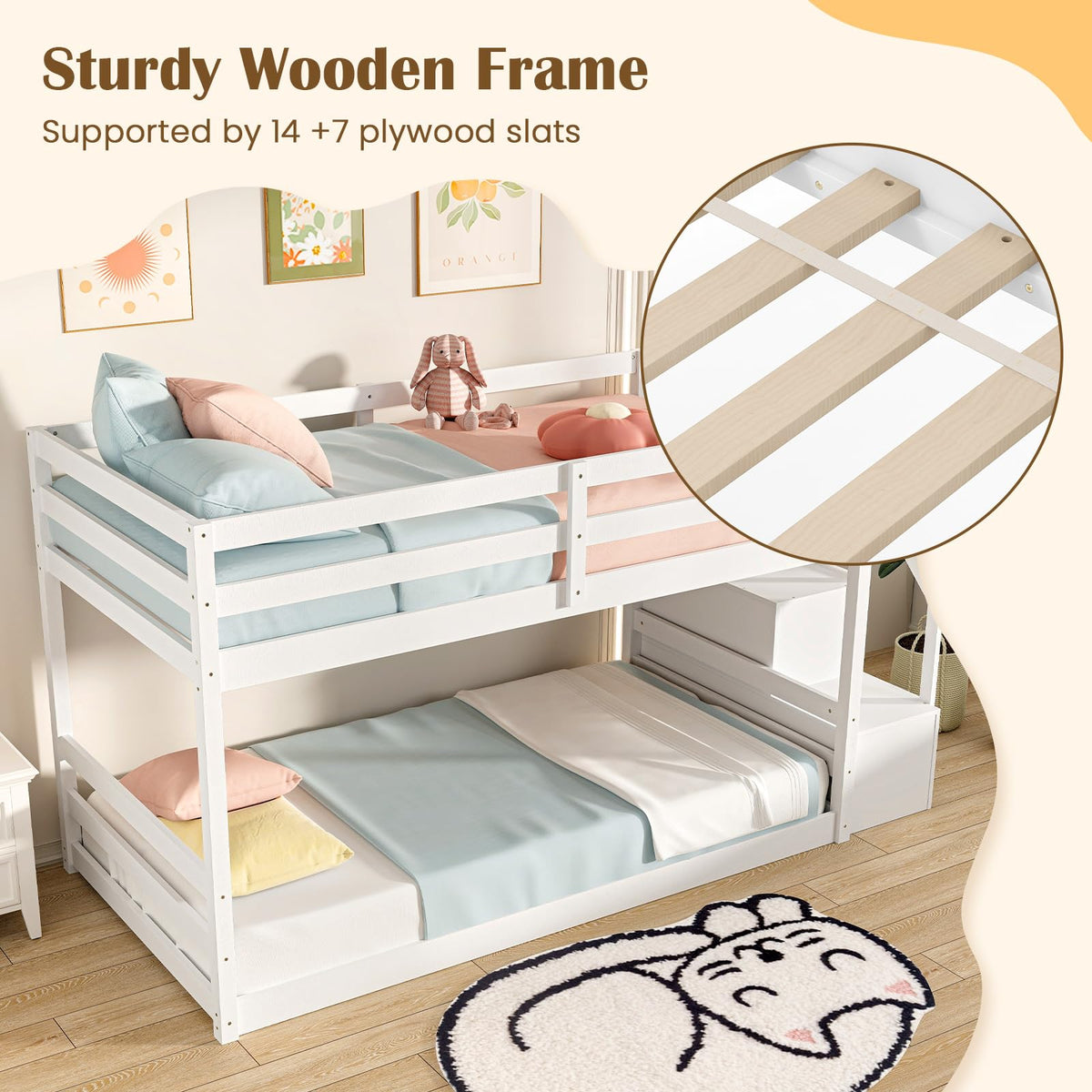 White Twin Over Twin Solid Wood Bunk Bed with Stairs O984610