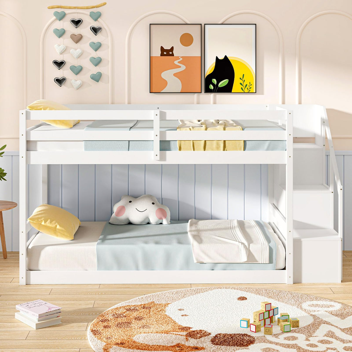White Twin Over Twin Solid Wood Bunk Bed with Stairs O984610