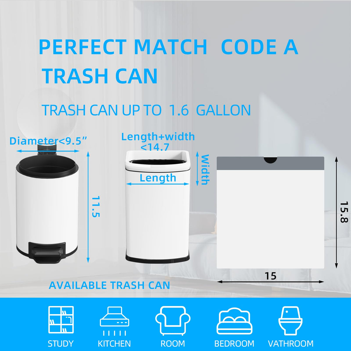 1.6 Gallon Mini Drawstring Trash Bags, 120 Counts White Trash Bin Liners E6747