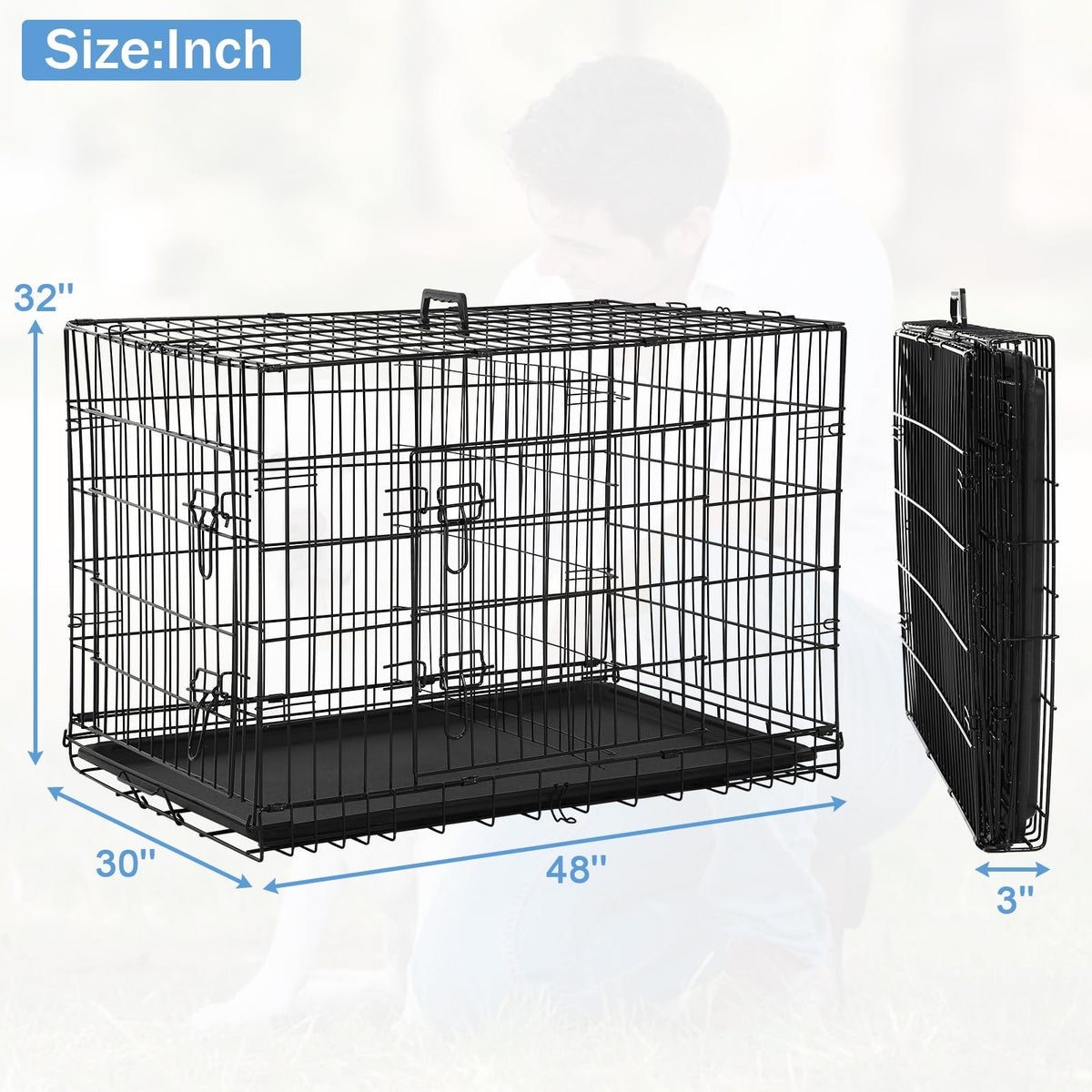 48 Inch Foldable Metal Wire Dog Crate with Tray W6361