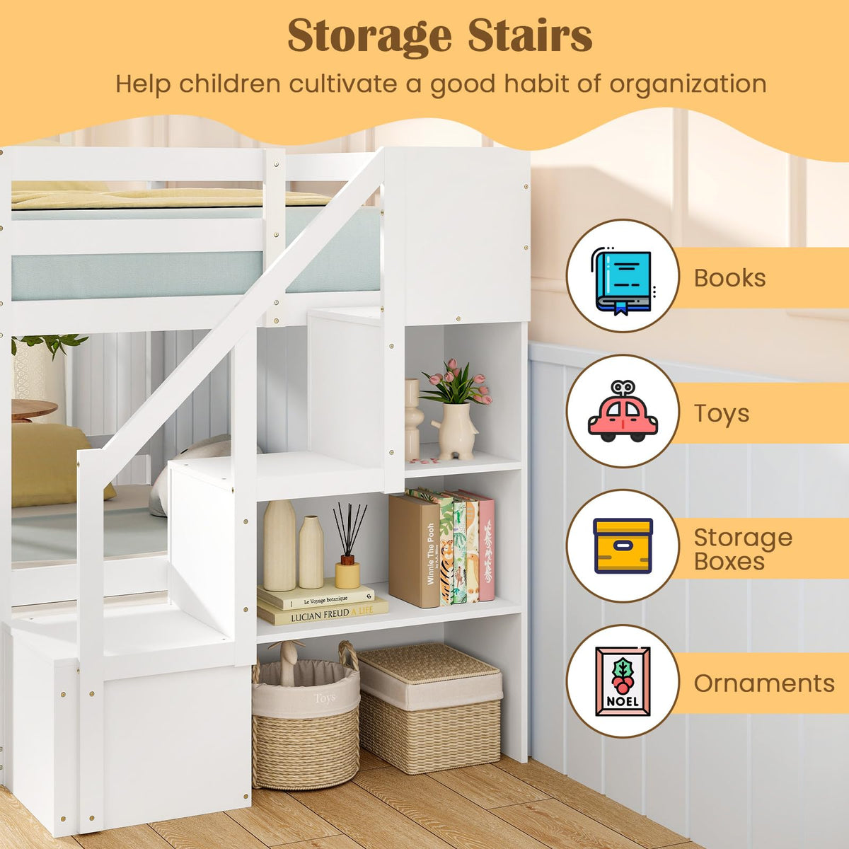 White Twin Over Twin Solid Wood Bunk Bed with Stairs O984610
