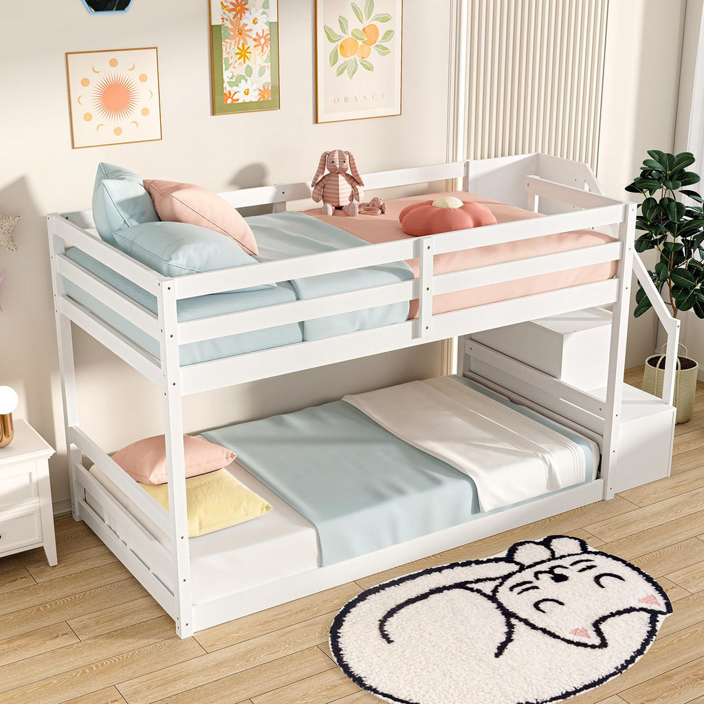 White Twin Over Twin Solid Wood Bunk Bed with Stairs O984610