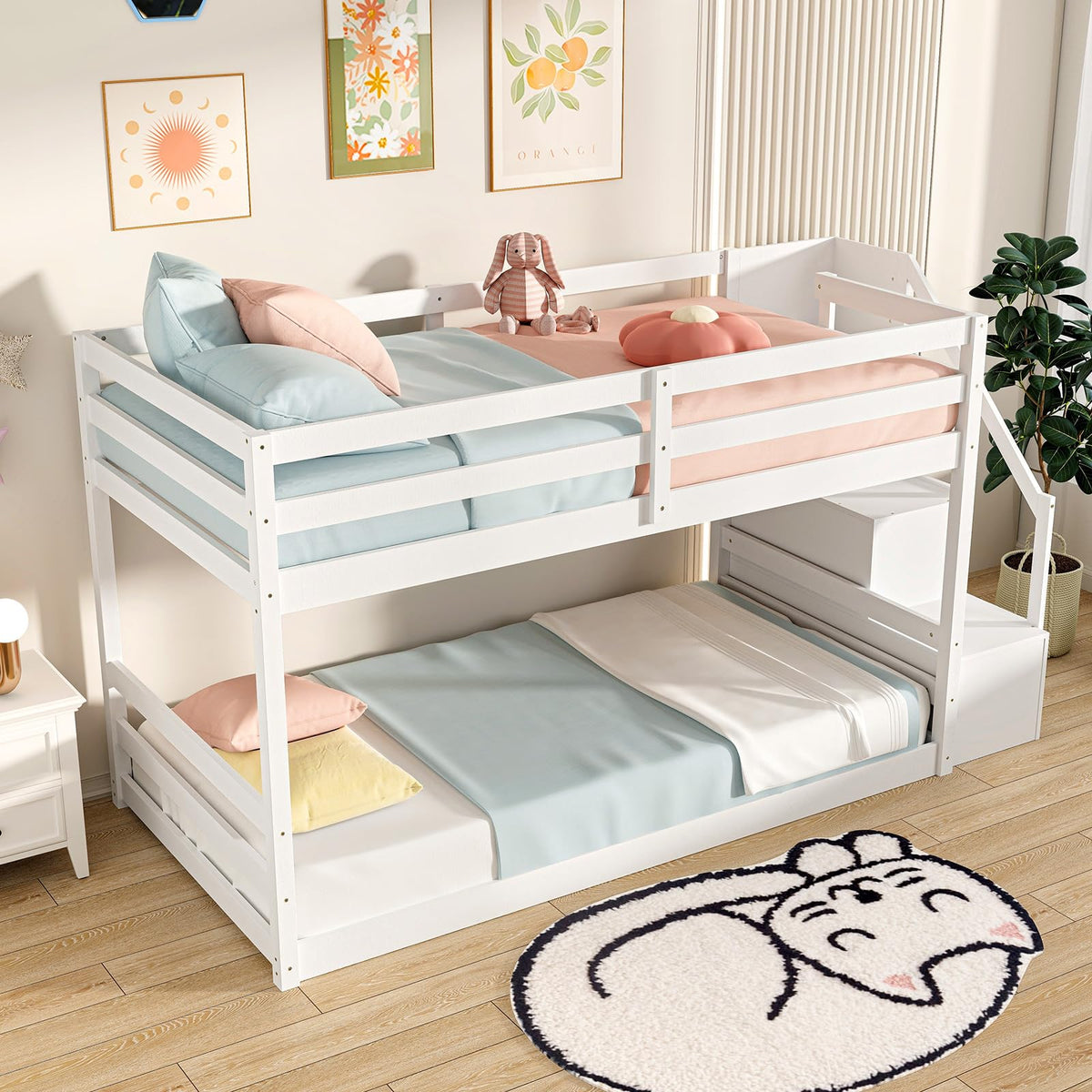 White Twin Over Twin Solid Wood Bunk Bed with Stairs O984610