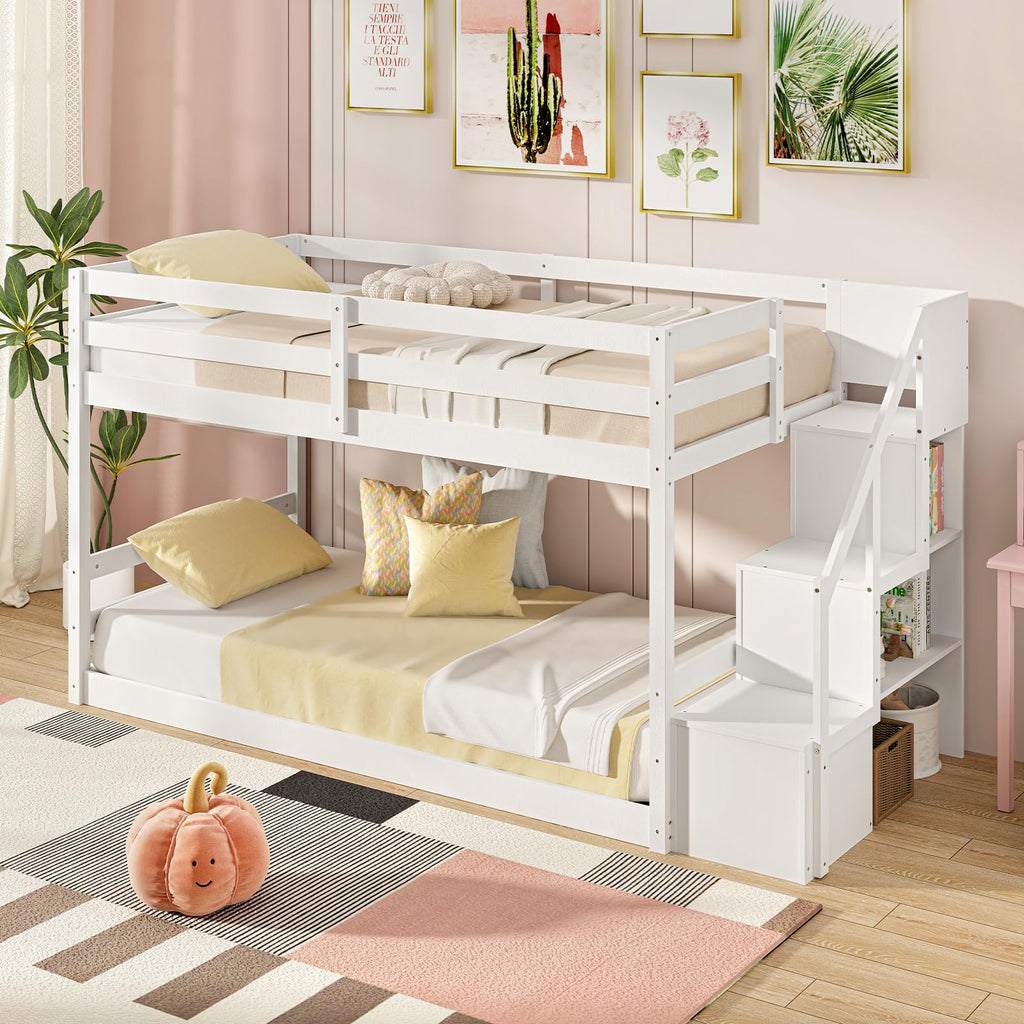 White Twin Over Twin Solid Wood Bunk Bed with Stairs O984610