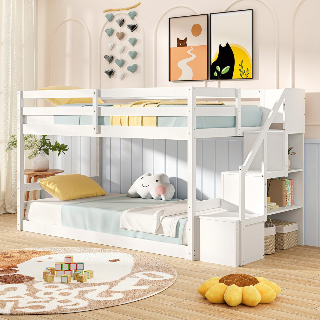 White Twin Over Twin Solid Wood Bunk Bed with Stairs O984610