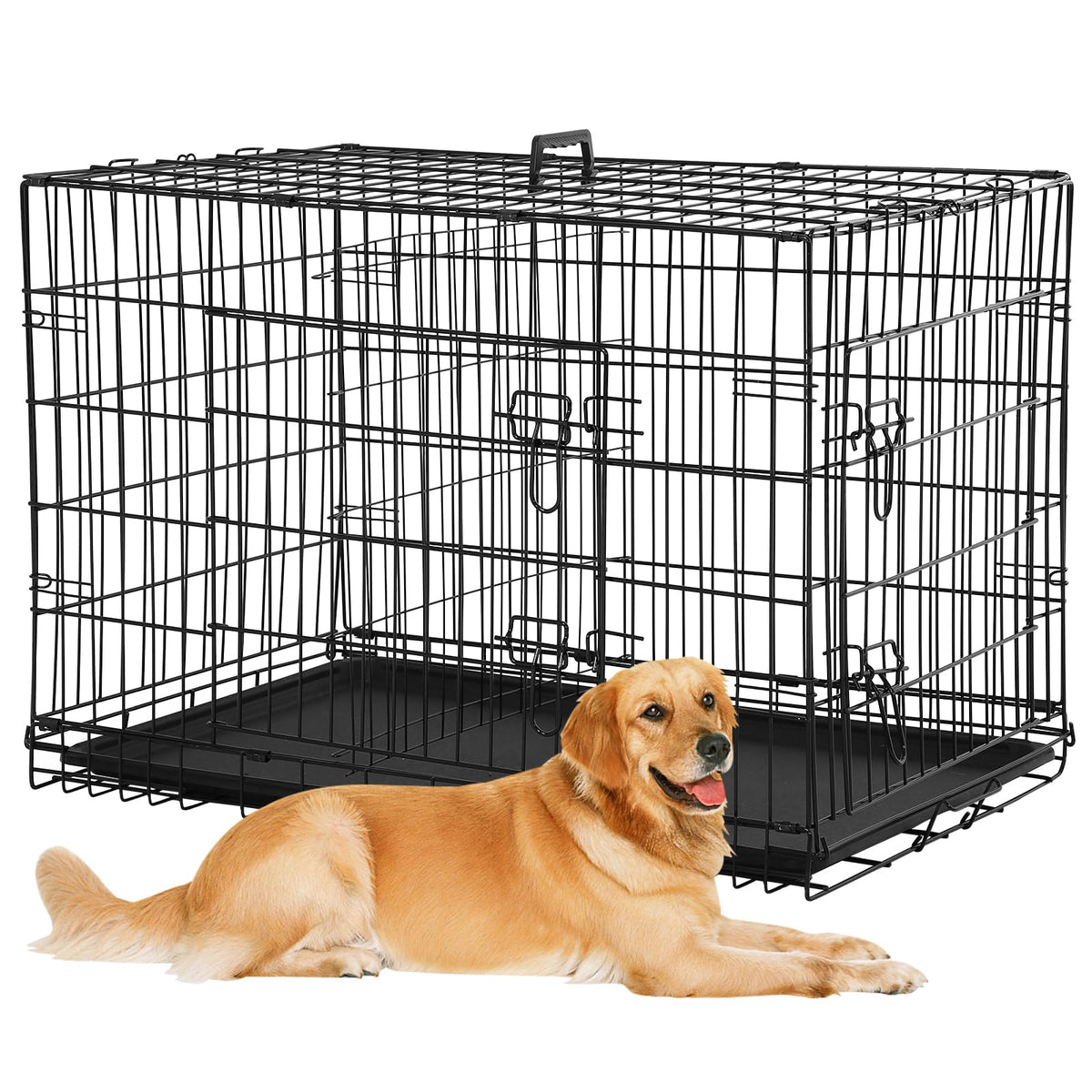 48 Inch Foldable Metal Wire Dog Crate with Tray W6361
