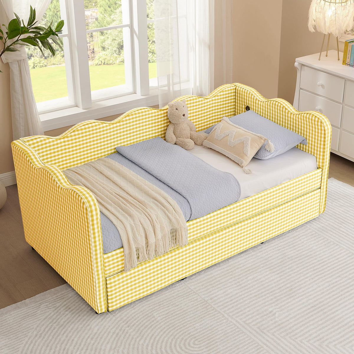 Twin Size Linen Upholstered Daybed with Trundle J37506