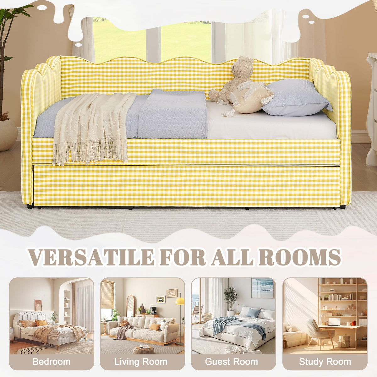 Twin Size Linen Upholstered Daybed with Trundle J37506