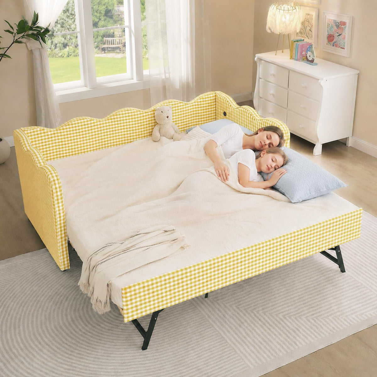 Twin Size Linen Upholstered Daybed with Trundle J37506