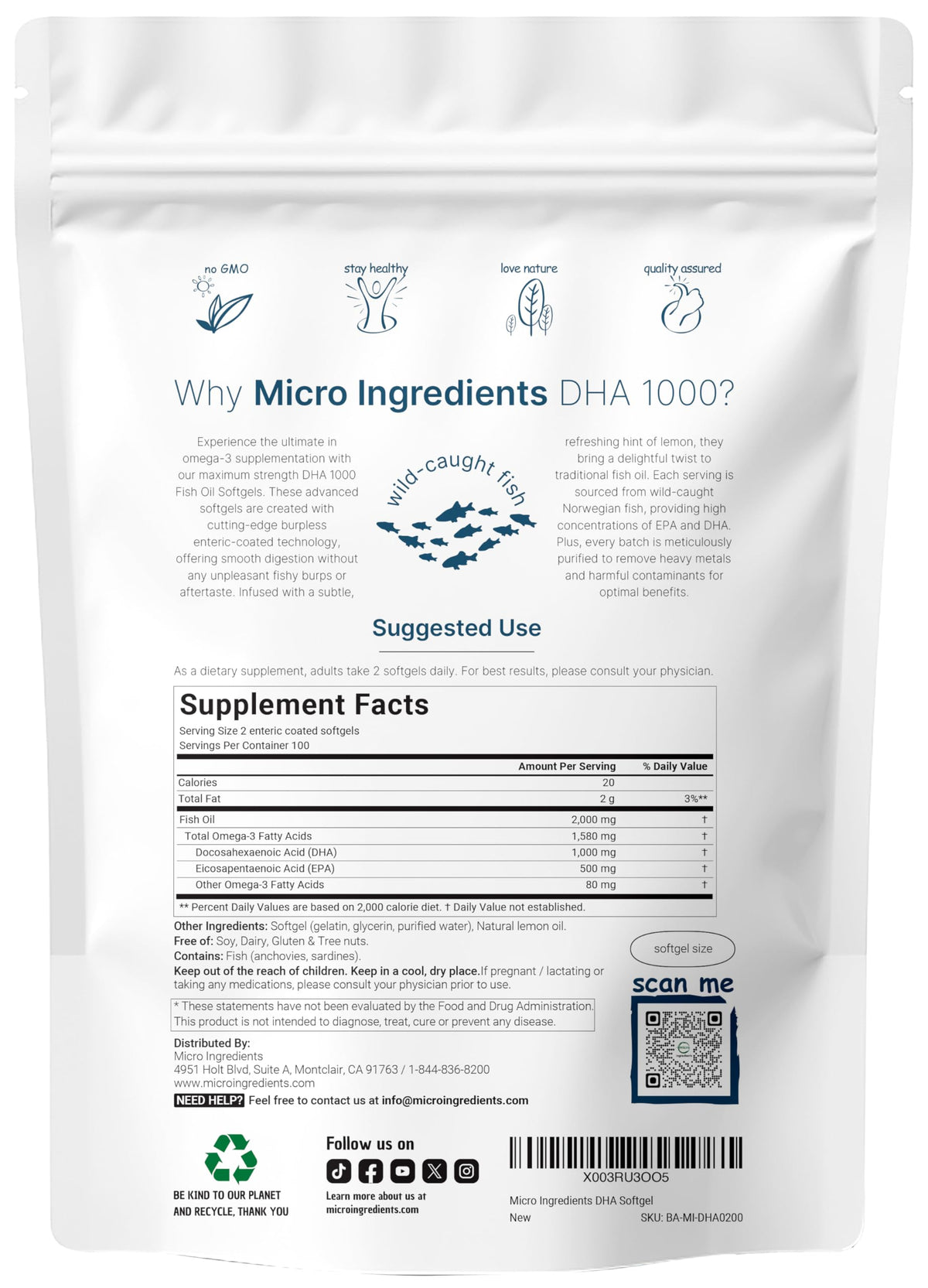 1000mg Omega 3 Fish Oil DHA EPA 200 Softgels C106392