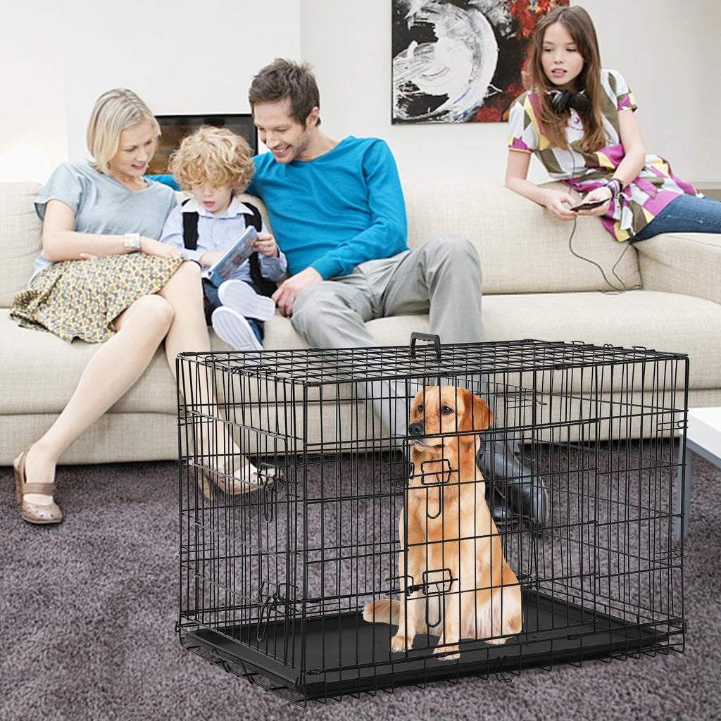 48 Inch Foldable Metal Wire Dog Crate with Tray W6361