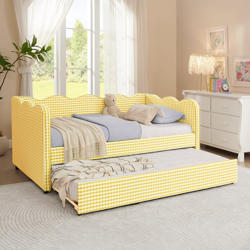 Twin Size Linen Upholstered Daybed with Trundle J37506
