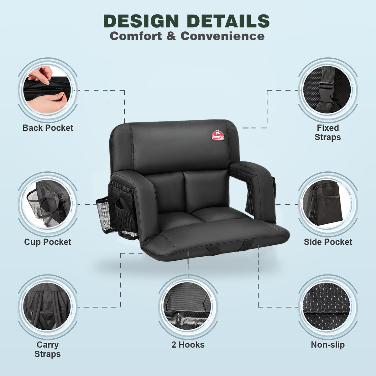 4.7" Thick Cushion 6 Reclining Positions Stadium Seat with Back Support B7154