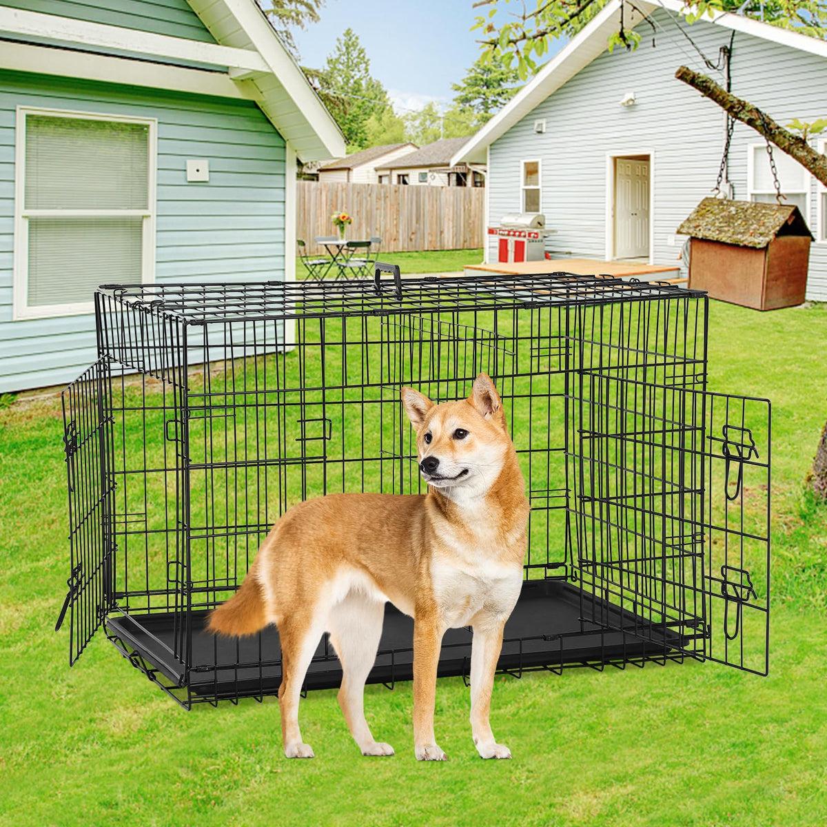 48 Inch Foldable Metal Wire Dog Crate with Tray W6361