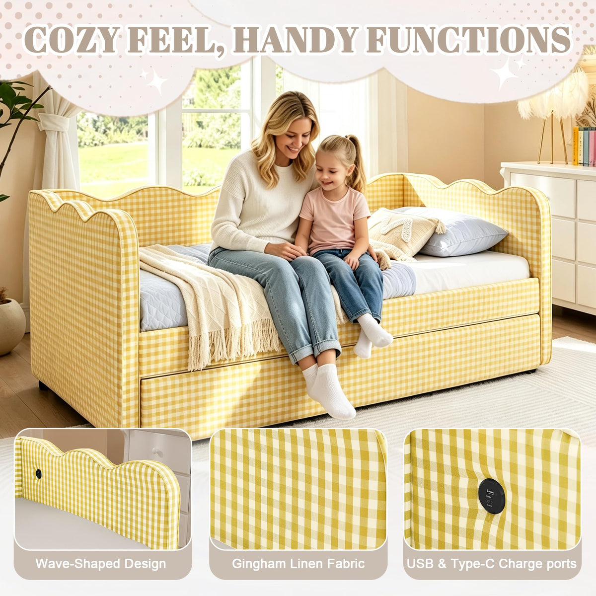 Twin Size Linen Upholstered Daybed with Trundle J37506